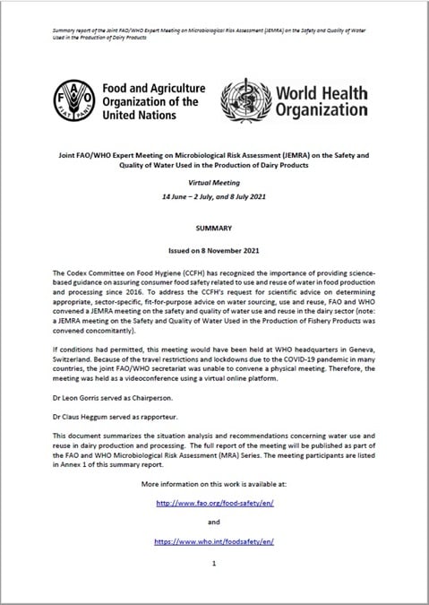 Joint FAO/WHO Expert Meeting on Microbiological Risk Assessment on the Safety and Quality of Water Used in the Production of Dairy Products