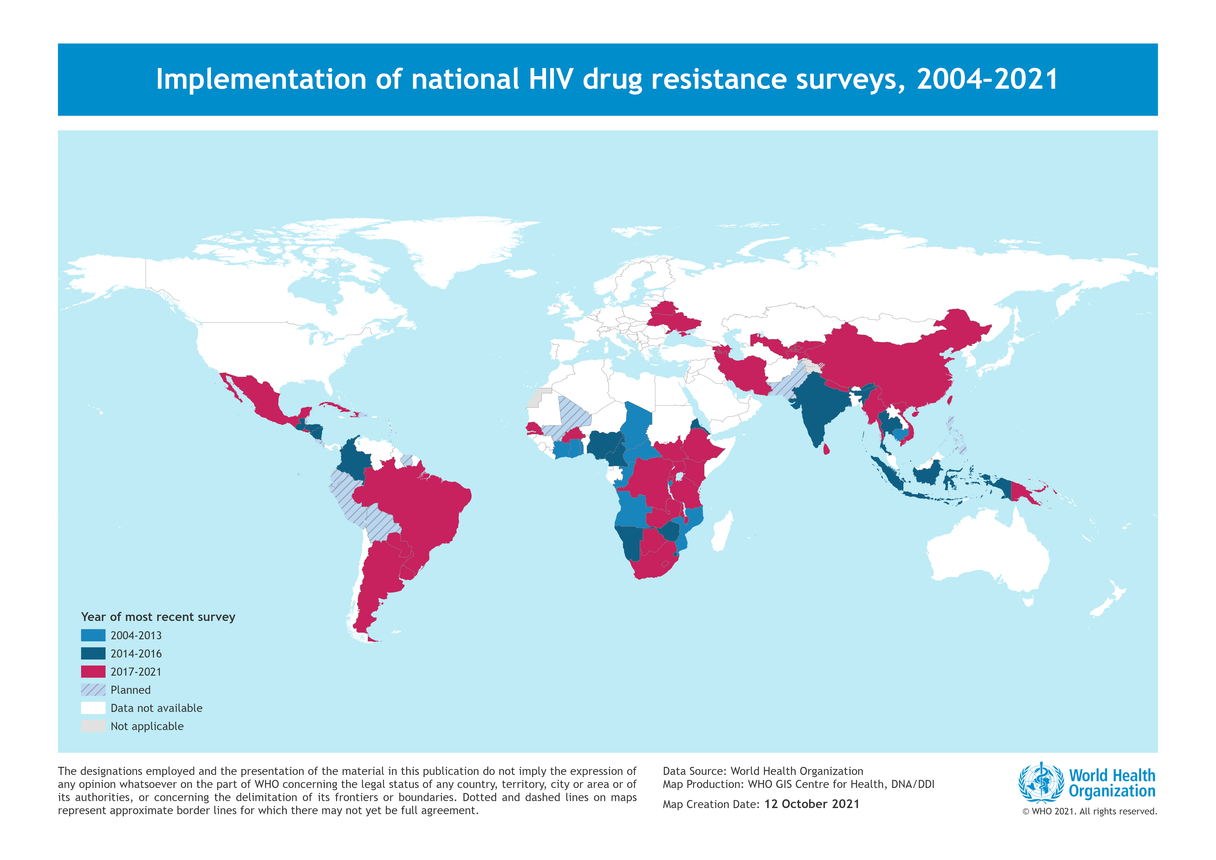 Implementation of national HIV drug resistance surveys, 2004–2020