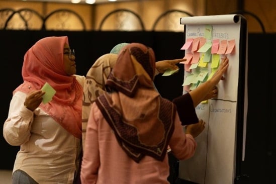 Engaging sessions during a workshop with participants organizing notes on a board
